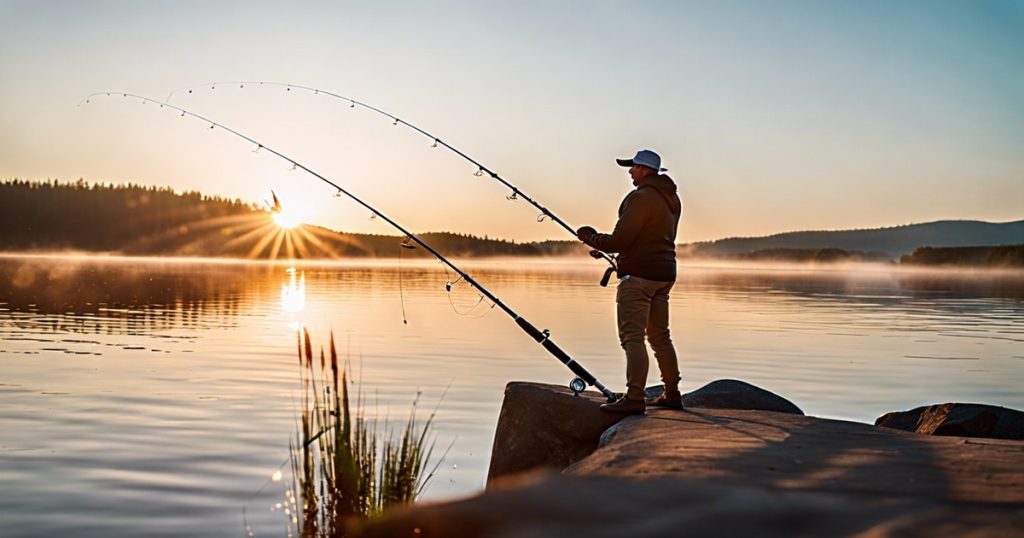 a person fishing on a rock
