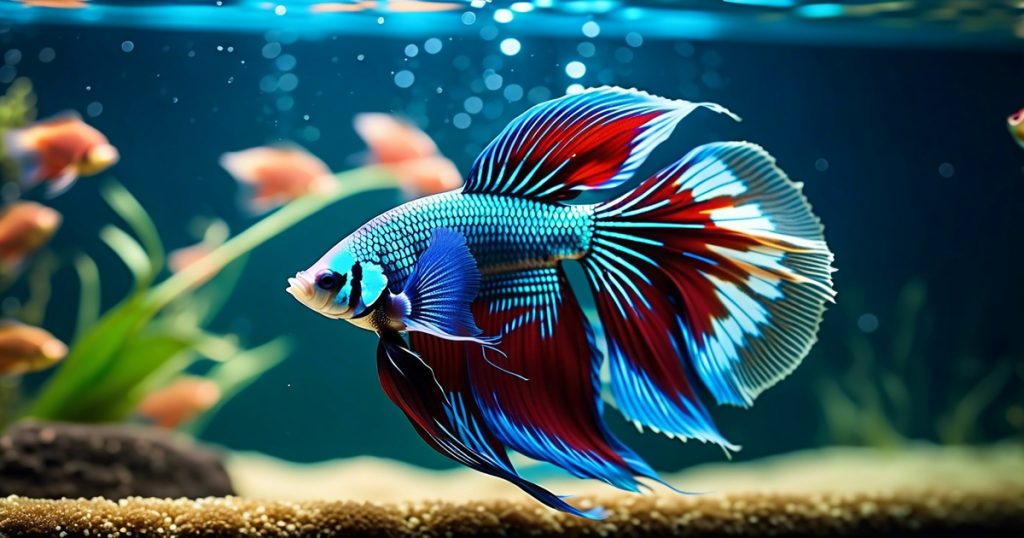 a blue and red fish swimming in water