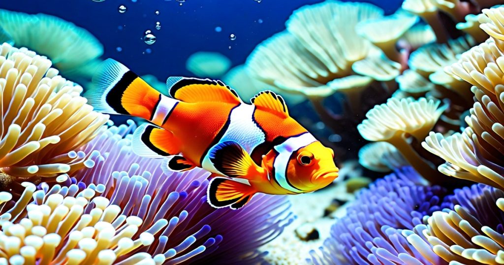 a clown fish swimming in anemone