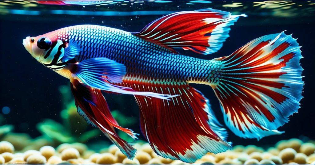 a blue and red fish swimming in water