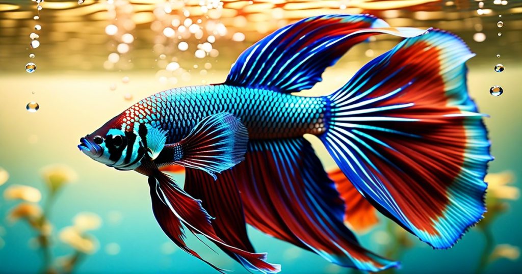 a blue and red fish swimming
