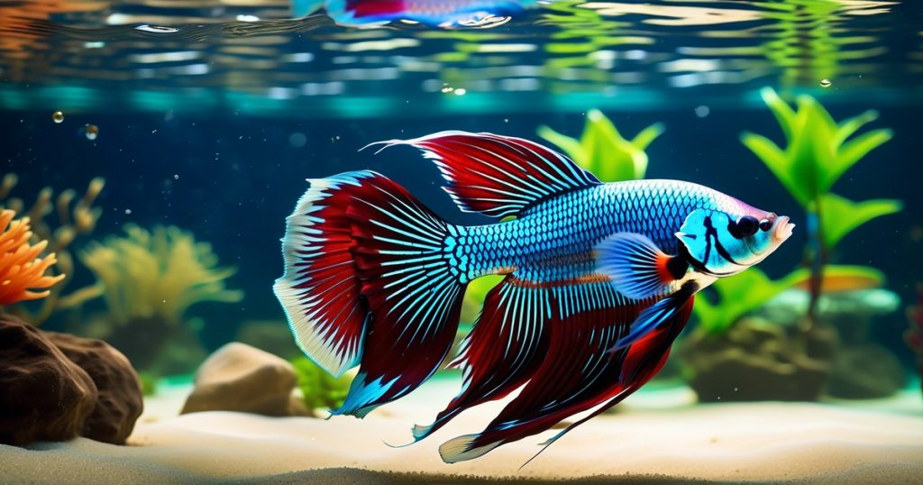 a blue fish with red fins swimming in water