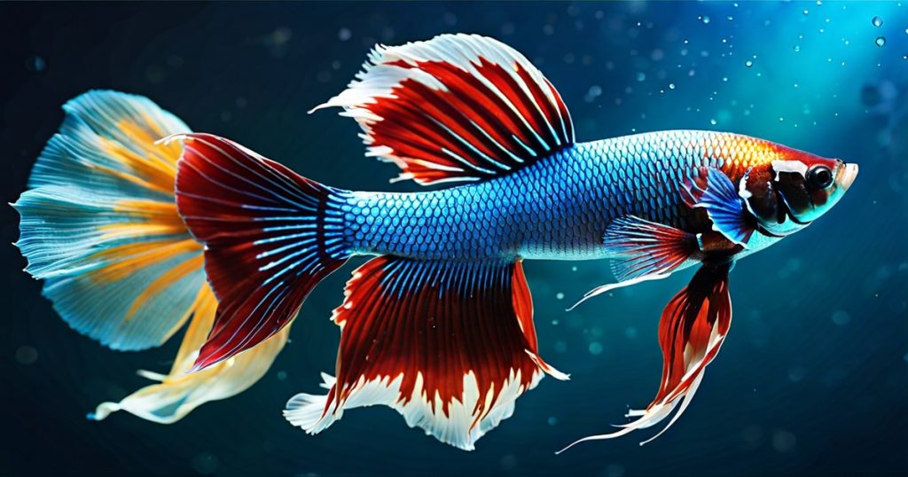 a blue and red fish with white fins